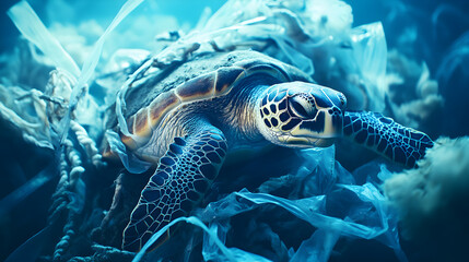 Fototapeta premium A sea turtle swims through a submerged environment cluttered with plastic waste. The turtle displays vibrant patterns and colors against the bluish background of the ocean.