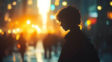 A silhouette of a young person with curly hair stands in a busy city street during sunset, surrounded by soft, glowing lights that create a vibrant, atmospheric backdrop