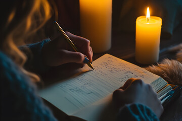 A person with wavy hair is writing in a notebook with a gold pen beside glowing candles, creating a warm, cozy atmosphere in a dimly lit space