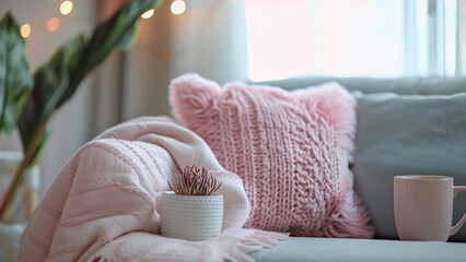 Coffee Mug, Plant, and Pastel Home Textiles