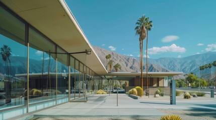 A building with palm trees and mountains in the background, suitable for travel or architecture images