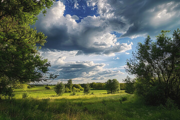landscape meadow and trees flooded with sun against the background of blue sky with white clouds