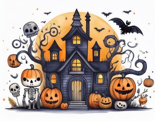Set of cute watercolor Halloween's Day elements. Isolated on white background. Can be used for Halloween's day, greeting cards and invitations. Hand drawn watercolor illustration.