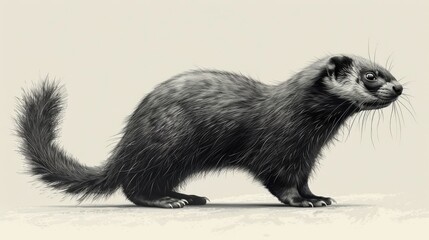Realistic black and white illustration of a european polecat standing in profile