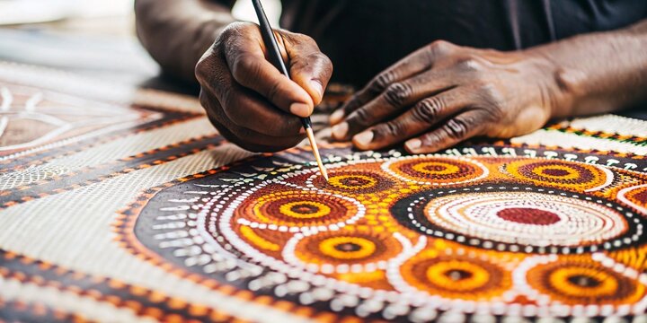 Close-up of an Aboriginal artist's hands meticulously creating a traditional dot painting with vibrant colors and intricate patterns. This image captures the essence of indigenous Australian art.
