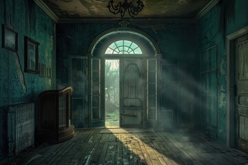 Obraz premium Mysterious Haunted House Interior with Open Door and Green Fog