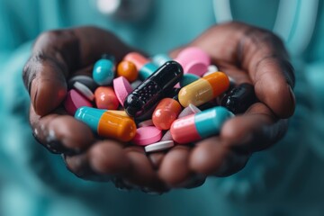 Close-up of hands holding assorted pills