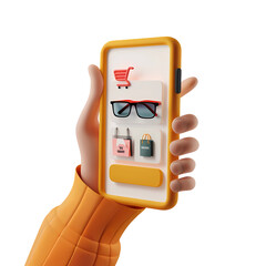 3D rendering of a hand holding a smartphone with a shopping app open.
