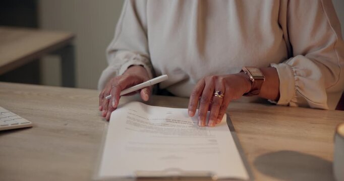 Business, woman and hands with document contract to review information, legal process and sign agreement. Person, writing and paperwork for negotiation detail, compliance and terms of risk management