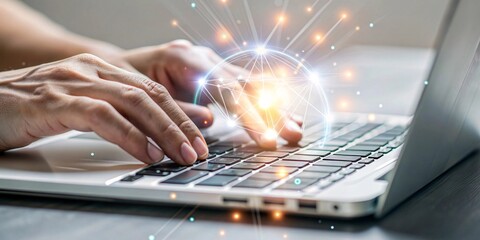 A close-up view of hands typing on a laptop, surrounded by futuristic digital icons representing data analysis, graphs, and technology. This image illustrates the fusion of human effort.