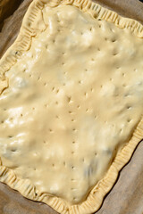 Unbaked soparnik on a baking tray - traditional Croatian chard and onion pie