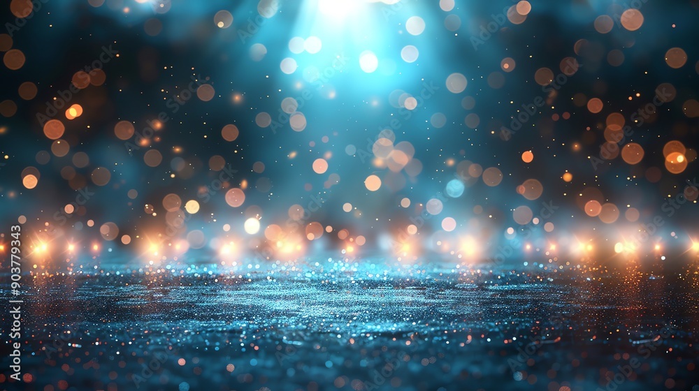 Poster abstract blue bokeh background with warm glow.