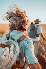Obraz premium Man hiking with family and dog in golden field