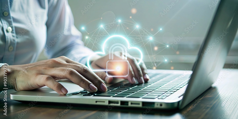 Fototapete secure cloud computing concept. close-up view of hands typing on a laptop with a glowing cloud compu