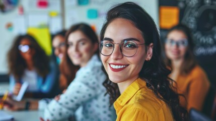 Group of women studying together at a table with a blackboard background, ideal for education or meeting concepts