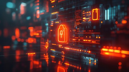 Abstract digital background with glowing padlock icon.