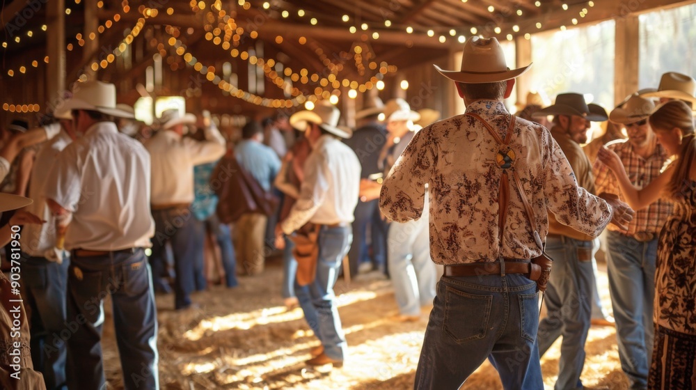 Poster Guests enjoy lively dancing in a charming barn decorated with string lights, creating a festive atmosphere.