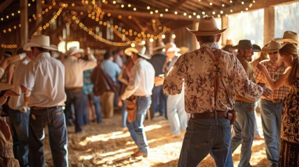 Guests enjoy lively dancing in a charming barn decorated with string lights, creating a festive atmosphere.