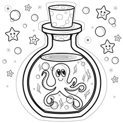 Coloring page for kids and adults. Mermaid colouring book. Mystery glass bottle with octopus. Flask with cute elixir. Cartoon outline vector illustration. Children's illustration.