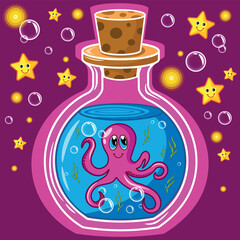 Mystery glass bottle with octopus. Flask with cute elixir. Cartoon flat vector illustration. Children's illustration.