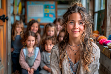 Obraz premium Portrait of a smiling teacher with her students on the first day of school