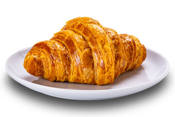 Freshly baked croisant in white ceramic dish isolated on white background with clipping path.