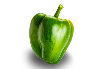 Single fresh green bell pepper, paprika isolated on white background with clipping path, closeup view.