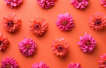 hot pink and orange flowers on orange background, flat lay photography. Floral background, wallpaper, backdrop, banner.