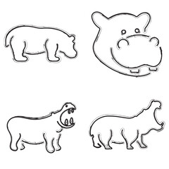 hippopotamus icon set, brush strokes on white background. Vector illustration.