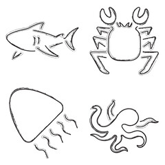 Marine life icon set, brush strokes on a white background. Vector illustration.