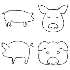 pig icon set, brush strokes on a white background. Vector illustration.