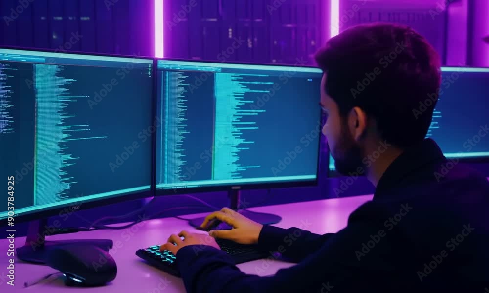 Wall mural smart it developer working on laptop to type searching in software coding system at neon light offic
