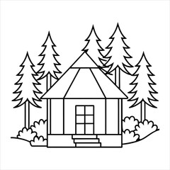 A hut in the woods line art vector