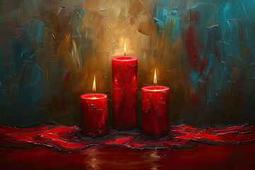 Three red candles burning brightly. Perfect for creating a warm and inviting atmosphere, especially for holidays and celebrations.