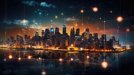 Fototapeta premium Abstract representation of digital business networks connecting through a virtual cityscape