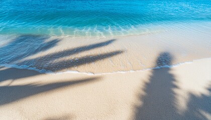 Fondo de playa mar y arena con agua cristalina en la orilla de la playa con la sombra de una palmera en la arena. Viajes y vacaciones playas de ensueño