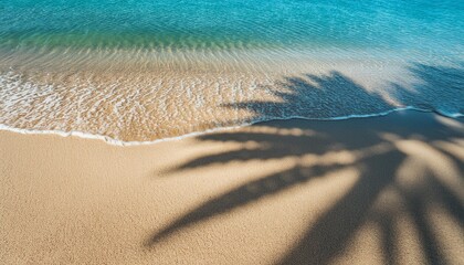 Fondo de playa mar y arena con agua cristalina en la orilla de la playa con la sombra de una palmera en la arena. Viajes y vacaciones playas de ensueño