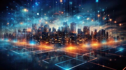 Obraz premium Abstract representation of digital business networks connecting through a virtual cityscape