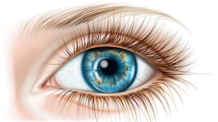 Close-up of a female human eye drawn with colored pencils, highlighting vibrant blue irises and intricate shading