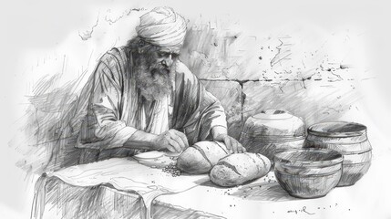 Historical sketch of Leviticus' Oil and Bread Set Before the Lord, bold pencil lines, minimal details, modern Bible wall art, soft beige background, boho style, high-res Biblical Illustration.