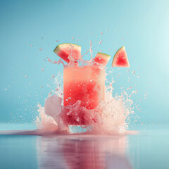Fototapeta premium A cooling cocktail for hot summer days made from fresh and delicious watermelon, ready for refreshment and fun, on a monochrome ocean blue background