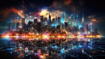 Obraz premium Abstract representation of digital business networks connecting through a virtual cityscape