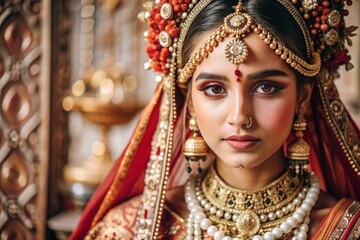 A beautiful Indian girl in a traditional Indian national costume, sari. Against the background of elephants. The portrait symbolizes the traditions, culture and beauty of the people of India.