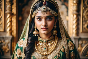 Obraz premium A beautiful Indian girl in a traditional Indian national costume, sari. Against the background of elephants. The portrait symbolizes the traditions, culture and beauty of the people of India.