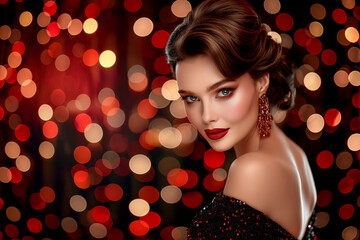 A woman with red lipstick and earrings is standing in front of a red background. The background is blurry and has a lot of light, giving the image a festive and celebratory mood