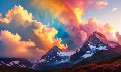 breathtaking mountain landscape unfolds under vibrant rainbow, with snow-capped peaks and dramatic sky filled