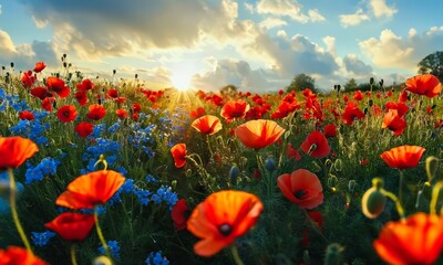 Fototapeta premium vibrant field red poppies and blue flowers stretches out under dramatic sky, with the sun peeking through the
