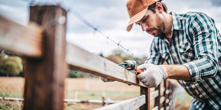 Senior Farmer Repairing Fence in Pasture. A dedicated worker in a plaid shirt and sun hat meticulously builds a wooden fence in a serene rural landscape. 