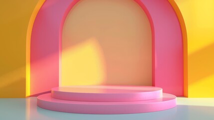 A vibrant podium setup with a pink platform and an arching backdrop in yellow, ideal for presentations and displays