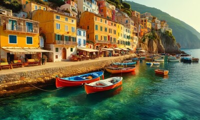 picturesque coastal town with colorful houses and boats docked along the shoreline, set against backdrop